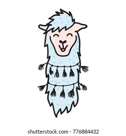 Vector illustration of cute south America lama head with decorations. Isolated outline cartoon baby llama face. Hand drawn Peru animal guanaco, alpaca, vicuna. Drawing for print, fabric etc.