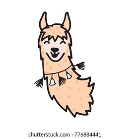Vector illustration of cute south America lama head with decorations. Isolated outline cartoon baby llama face. Hand drawn Peru animal guanaco, alpaca, vicuna. Drawing for print, fabric etc.