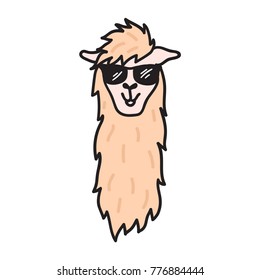 Vector illustration of cute south America lama head in trendy glasses. Isolated outline cartoon baby llama face. Hand drawn Peru animal  guanaco, alpaca, vicuna. Drawing for print, fabric etc