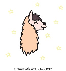 Vector illustration of cute south America lama head. Isolated outline cartoon baby llama face. Hand drawn Peru animal guanaco, alpaca, vicuna. Drawing for print, fabric, textile, poster etc.