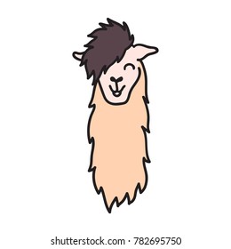 Vector illustration of cute south America lama head. Isolated outline cartoon baby llama face. Hand drawn Peru animal guanaco, alpaca, vicuna. Drawing for print, fabric, textile, poster etc.