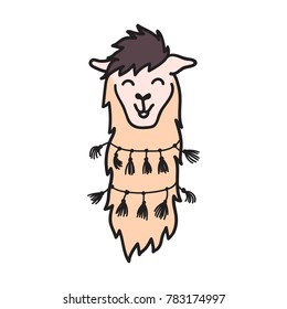 Vector illustration of cute south America lama head with decorations. Isolated outline cartoon baby llama face. Hand drawn Peru animal guanaco, alpaca, vicuna. Drawing for print, fabric etc.