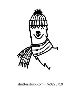 Vector illustration of cute south American lama head in winter hat. Isolated outline cartoon baby llama face. Hand drawn Peru animal guanaco, alpaca, vicuna. Drawing for print, fabric etc