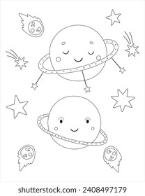 vector illustration of cute space elements black and white illustration, coloring page for kids.