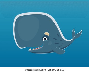 Vector illustration of the cute Sperm whale on blue background. Side view.