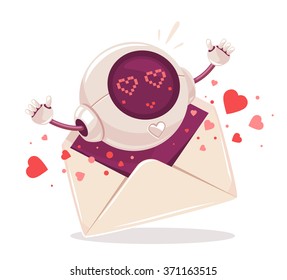 Vector illustration of cute spherical robot comes out of the envelope on white background. Art design for Valentine's Day greetings and card, web, banner, poster, flyer, brochure, print.  