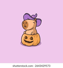 Ilustração vetorial de uma capivara fofa e assustadora usando um chapéu de bruxa, perfeito para temas de Halloween.