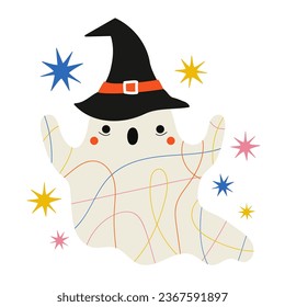 Vector illustration of cute spooky ghost with colored pencil lines, witch hat and stars. Halloween greeting card print, sticker, wall decoration