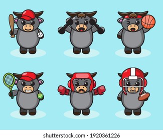 Vector illustration of cute Sport Buffalo cartoon. Cute Buffalo expression character design bundle. Good for icon, logo, label, sticker, clipart.