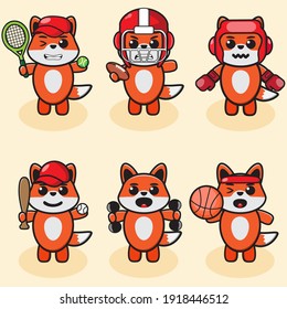 Vector illustration of cute Sport Fox cartoon. Cute Fox expression character design bundle. Good for icon, logo, label, sticker, clipart.