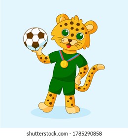 Vector illustration of cute sportive leopard holding ball in hands. Cartoon animal for kids. 