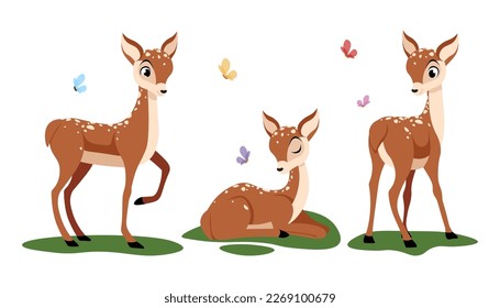 Vector illustration of a cute spotted deer on a white background.Charming characters of a baby deer in different poses and emotions: standing , sleeping, looking at butterflies in a cartoon style.