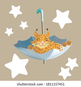 Vector illustration. A cute spotted lynx sleeps in a blue umbrella.