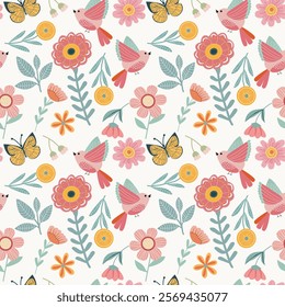 Vector illustration Cute spring birds and flowers seamless vector pattern. Perfect for textile, wallpaper or print design.
