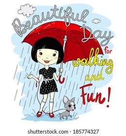 Vector illustration of cute spring girl with umbrella  walking with a dog