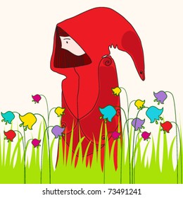 Vector illustration of cute spring girl in meadow