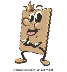 ilustración vectorial de la linda mascota cuadrada del personaje de la galleta con la corona del rey doblando sus brazos tranquilamente, obra hecha a mano