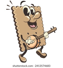 vector illustration of cute square biscuit character mascot playing a banjo musical instrument, work of handmad