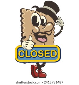 vector illustration of cute square biscuit character mascot carrying a sign that says closed, work of handmade