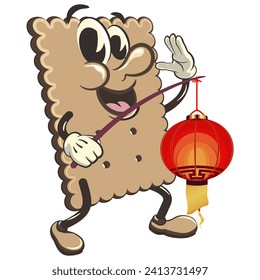 ilustración vectorial de la linda mascota de personaje de bizcocho cuadrado con un farol chino tradicional, obra hecha a mano