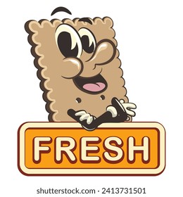 vector illustration of cute square biscuit character mascot carrying a sign that says fresh, work of handmade