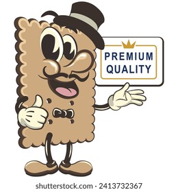 vector illustration of cute square biscuit character mascot in a hat and bow tie showing a sign saying premium quality with a thumbs up, work of handmade
