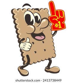 ilustración vectorial de la mascota del personaje de la galleta cuadrada linda levantando un dedo de espuma, trabajo hecho a mano
