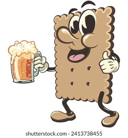 ilustración vectorial de la linda mascota de personaje de bizcocho cuadrado que levanta una gran cerveza mientras da un pulgar hacia arriba, trabajo de fabricación artesanal