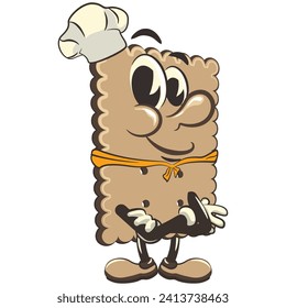 vector illustration of cute square biscuit character mascot wearing a chef's hat and wearing a red scarf, work of handmade