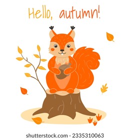 Vector illustration with a cute squirrel and an acorn on a stump in cartoon style. Forest animals and plants. Hello, autumn.