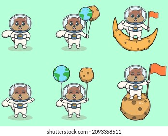 Vector Illustration of Cute Squirrel with an astronaut costume. Funny Squirrel Wearing Astronaut Costumes or Spacesuit Vector Set. Flat Cartoon Style.