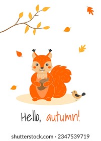 Vector illustration with cute squirrel, bird and leaf fall in cartoon style. Forest animals and plants. Hello, autumn. A4 poster.