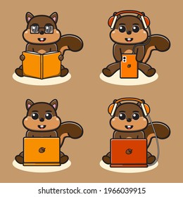 Vector illustration of cute Squirrel Book and Laptop cartoon. Cute Squirrel expression character design bundle. Good for icon, logo, label, sticker, clipart.