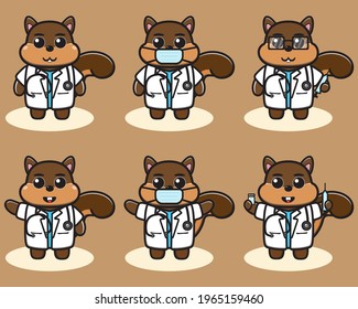 Vector illustration of cute Squirrel Doctor cartoon. Cute Squirrel expression character design bundle. Good for icon, logo, label, sticker, clipart.