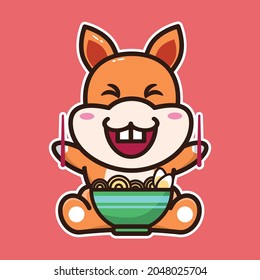 vector illustration of cute squirrel eating noodles