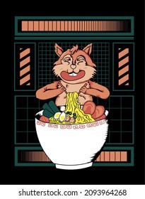 vector illustration of cute squirrel eating ramen, japan, modern geometric background, design for apparel, t-shirts and merchandise