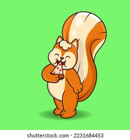 Vector illustration of cute squirrel eating pizza.