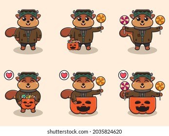 Vector illustration of cute Squirrel with Frankenstein costume. Squirrel character vector design. Good for label, sticker, clipart.