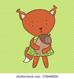 vector illustration of a cute squirrel in a green dress with an acorn in its paws