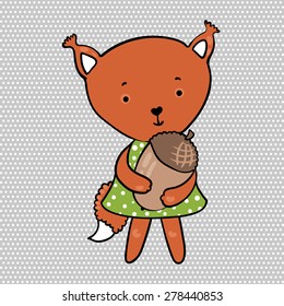 vector illustration of a cute squirrel in a green dress with an acorn in its paws