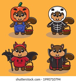 Vector illustration of cute Squirrel Hallowen cartoon set. Pumpkin monster, Skeleton, Devil and Dracula costume. Good for icon, logo, label, sticker, clipart.