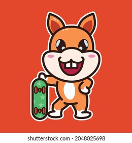 vector illustration of cute squirrel holding a skateboard