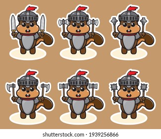 Ilustración vectorial del lindo Caballero de la ardilla con una caricatura de arma doble. Conjunto de diseño de caracteres de expresión de la ardilla. Es bueno para el icono, logotipo, etiqueta, pegatina, clipart.