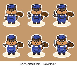 Ilustración vectorial de la caricatura mecánica de la ardilla. Conjunto de diseño de caracteres de expresión de la ardilla. Es bueno para el icono, logotipo, etiqueta, pegatina, clipart.