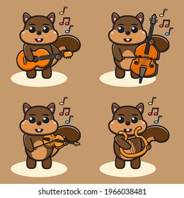 Vector illustration of cute Squirrel Music cartoon. Cute Squirrel expression character design bundle. Good for icon, logo, label, sticker, clipart.