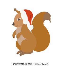 Ilustración vectorial de la ardilla linda en el sombrero de Santa Claus. Caricatura para el diseño de Navidad y Año Nuevo. Aislado sobre fondo blanco