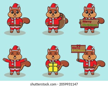 Vector illustration of cute Squirrel Santa mascot or character. Christmas design element. Vector illustration isolated on light blue background