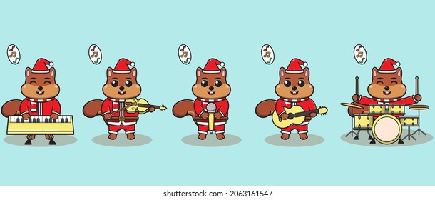 Vektorgrafik von Cute Eichhörnchen Santa Claus spielen ein Musikinstrument. Gut für Ikone, Label, Aufkleber, Clipart.