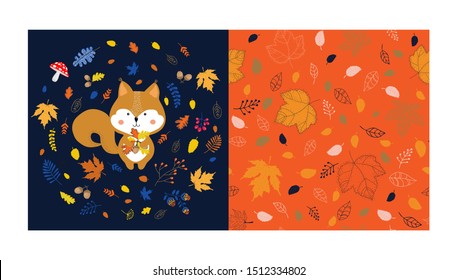 Vector illustration of a cute squirrel and seamless pattern with  foliage. Cute animals illustration. Nature autumn concept. 