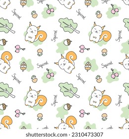 Vector illustration of cute squirrel seamless pattern in doodle style. Isolated on white background